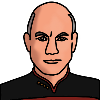 A drawing of the head and shoulders of Lean-Luc Picard from Star Trek: The Next Generation, portrayed by Patrick Stewart.